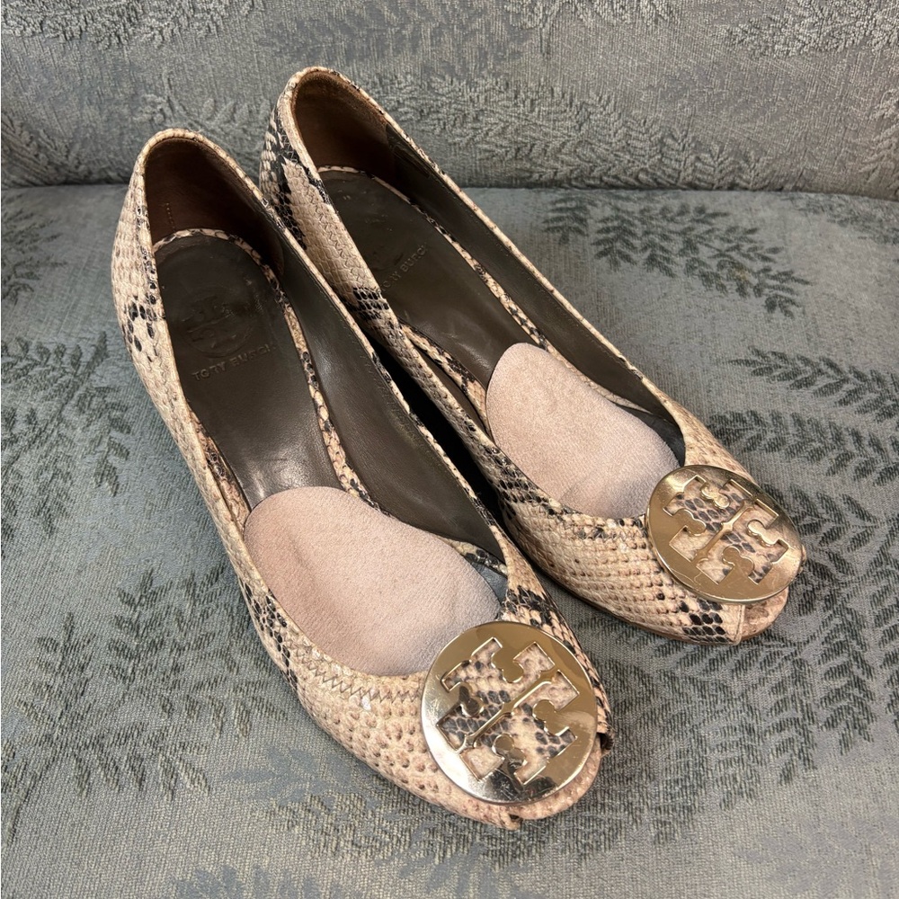 Tory Burch Snakeskin Wedges with Gold Emblem